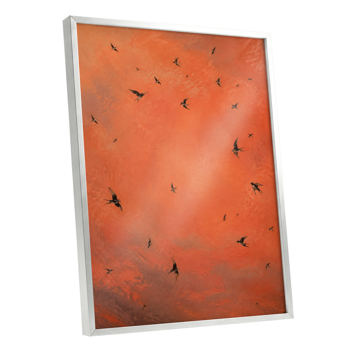 Ember Flight, orange, brown, black nature wall art shown as a silver framed poster wall art print