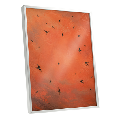 Ember Flight, orange, brown, black nature wall art shown as a silver framed poster wall art print