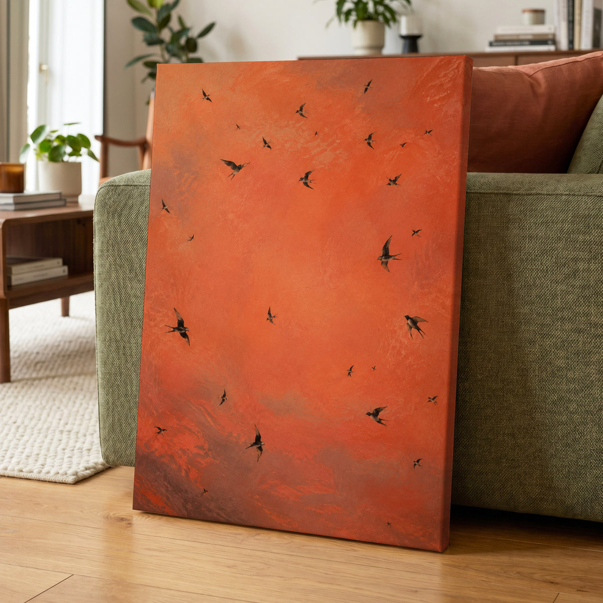 Ember Flight, orange, brown, black nature wall art displayed in a styled interior, gallery view 3