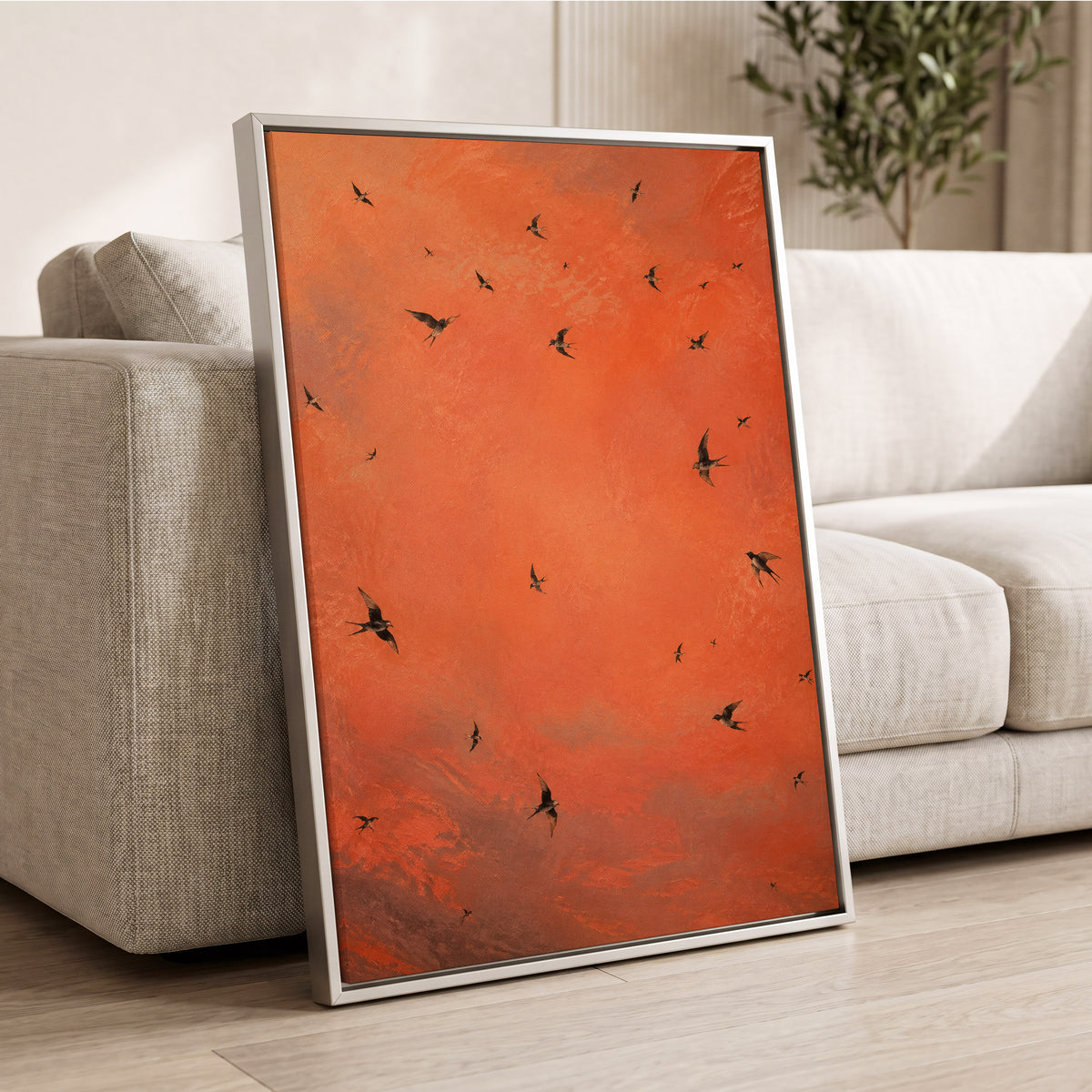Ember Flight, orange, brown, black nature wall art displayed in a styled interior, gallery view 8