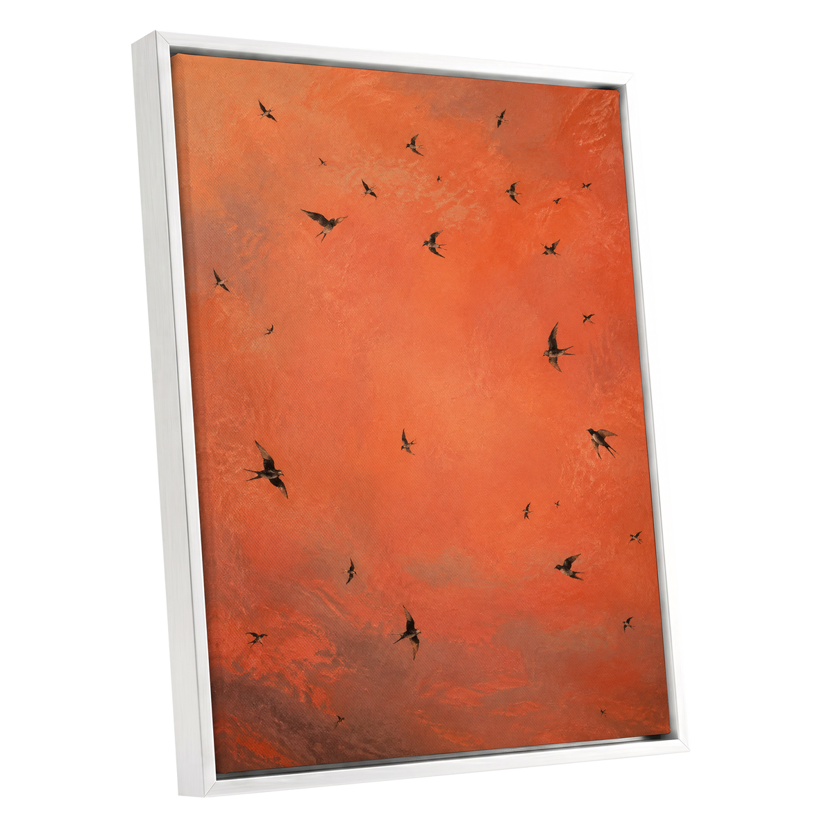 Ember Flight, orange, brown, black nature wall art shown as a white framed canvas wall art