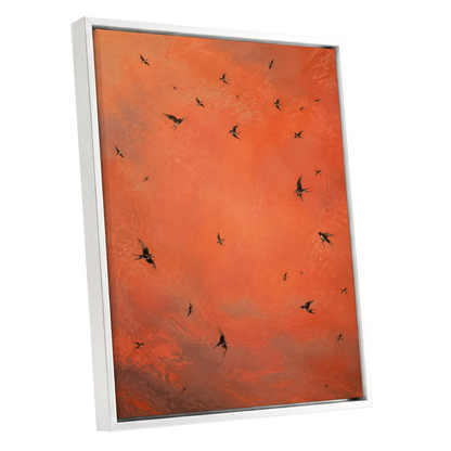 Ember Flight, orange, brown, black nature wall art shown as a white framed canvas wall art