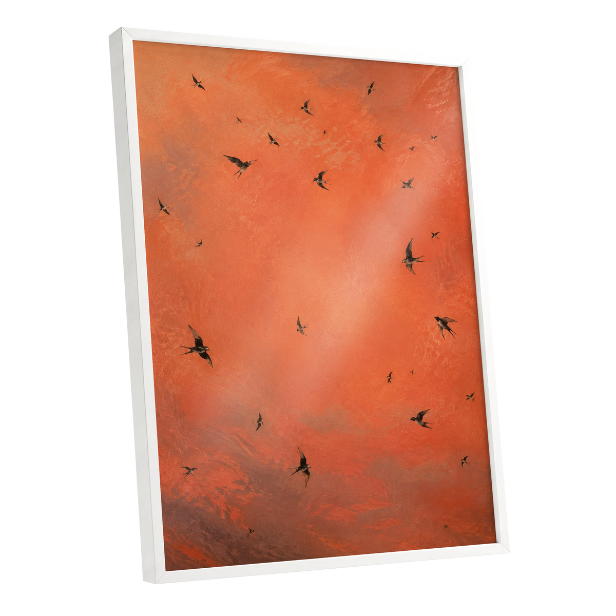 Ember Flight, orange, brown, black nature wall art shown as a white framed poster wall art print