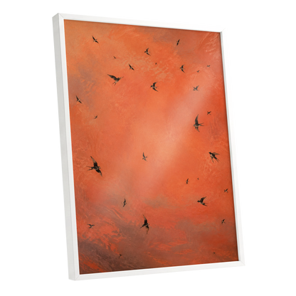 Ember Flight, orange, brown, black nature wall art shown as a white framed poster wall art print