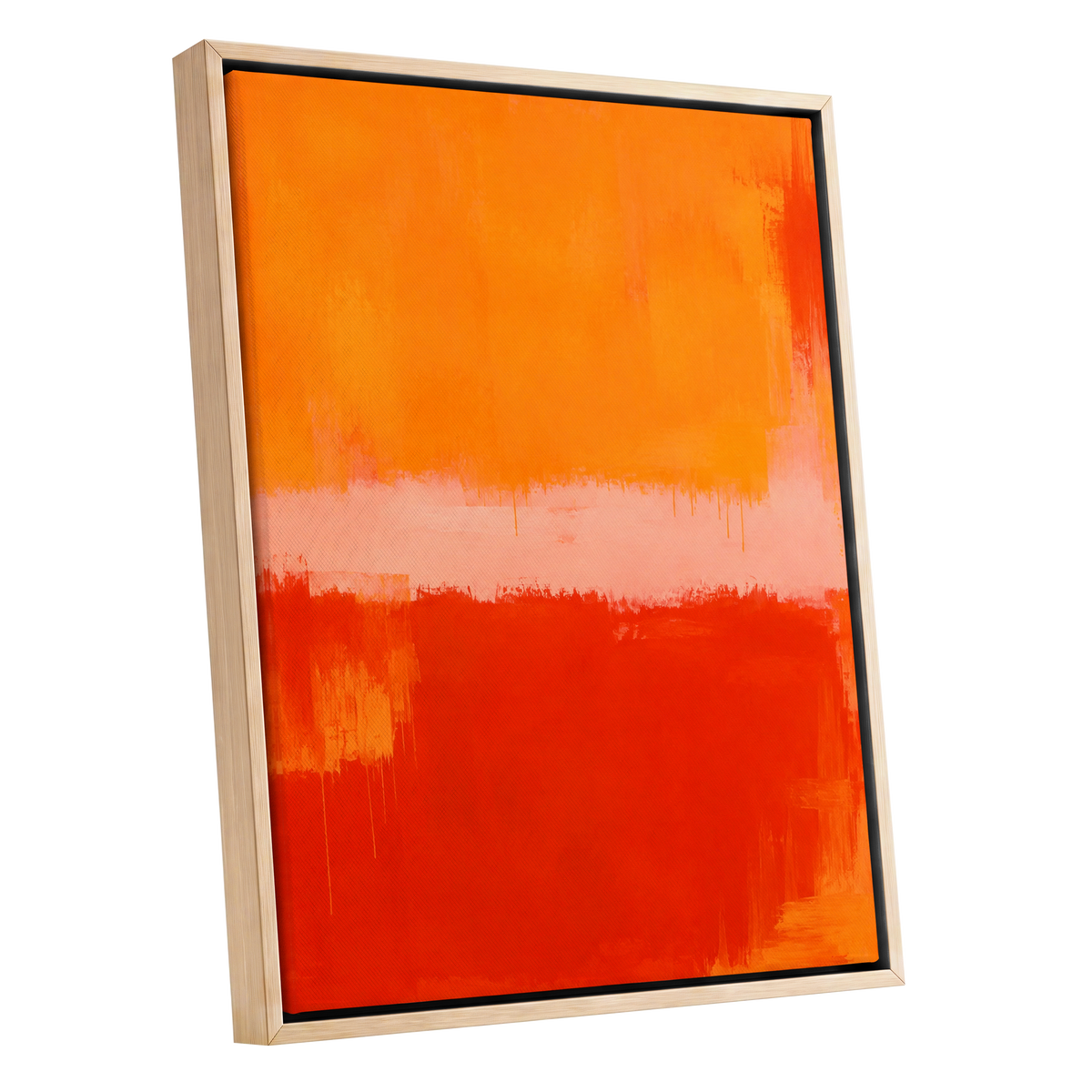 Ember Interval, orange, red, pink abstract wall art shown as a oak framed canvas wall art