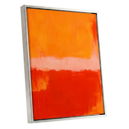 Ember Interval, orange, red, pink abstract wall art shown as a silver framed canvas wall art