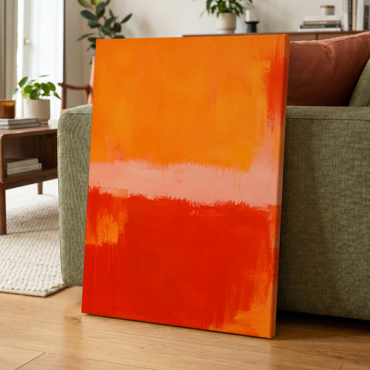 Ember Interval, orange, red, pink abstract wall art displayed in a styled interior, gallery view 3