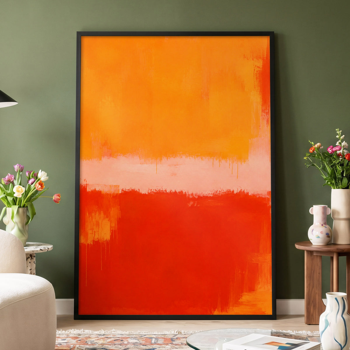 Ember Interval, orange, red, pink abstract wall art displayed in a styled interior, gallery view 6
