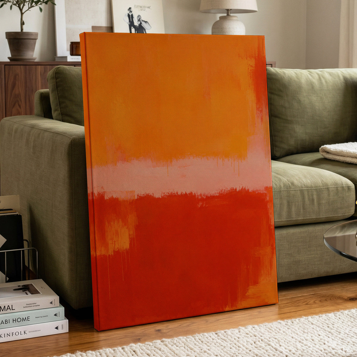 Ember Interval, orange, red, pink abstract wall art displayed in a styled interior, gallery view 7