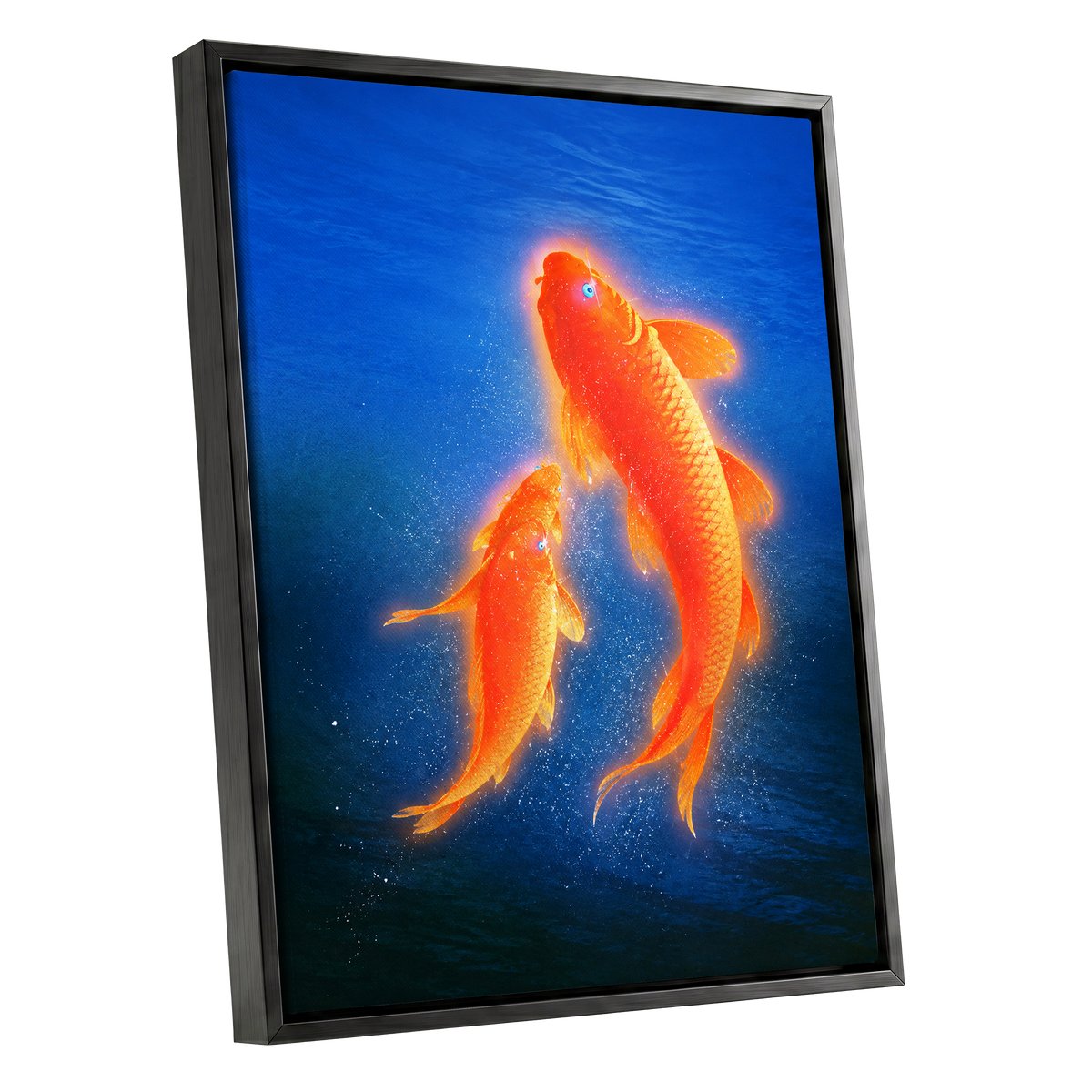 Ember Koi, blue, orange, gold nature wall art shown as a black framed canvas wall art