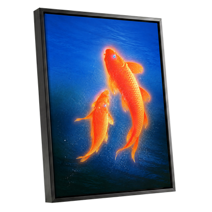 Ember Koi, blue, orange, gold nature wall art shown as a black framed canvas wall art