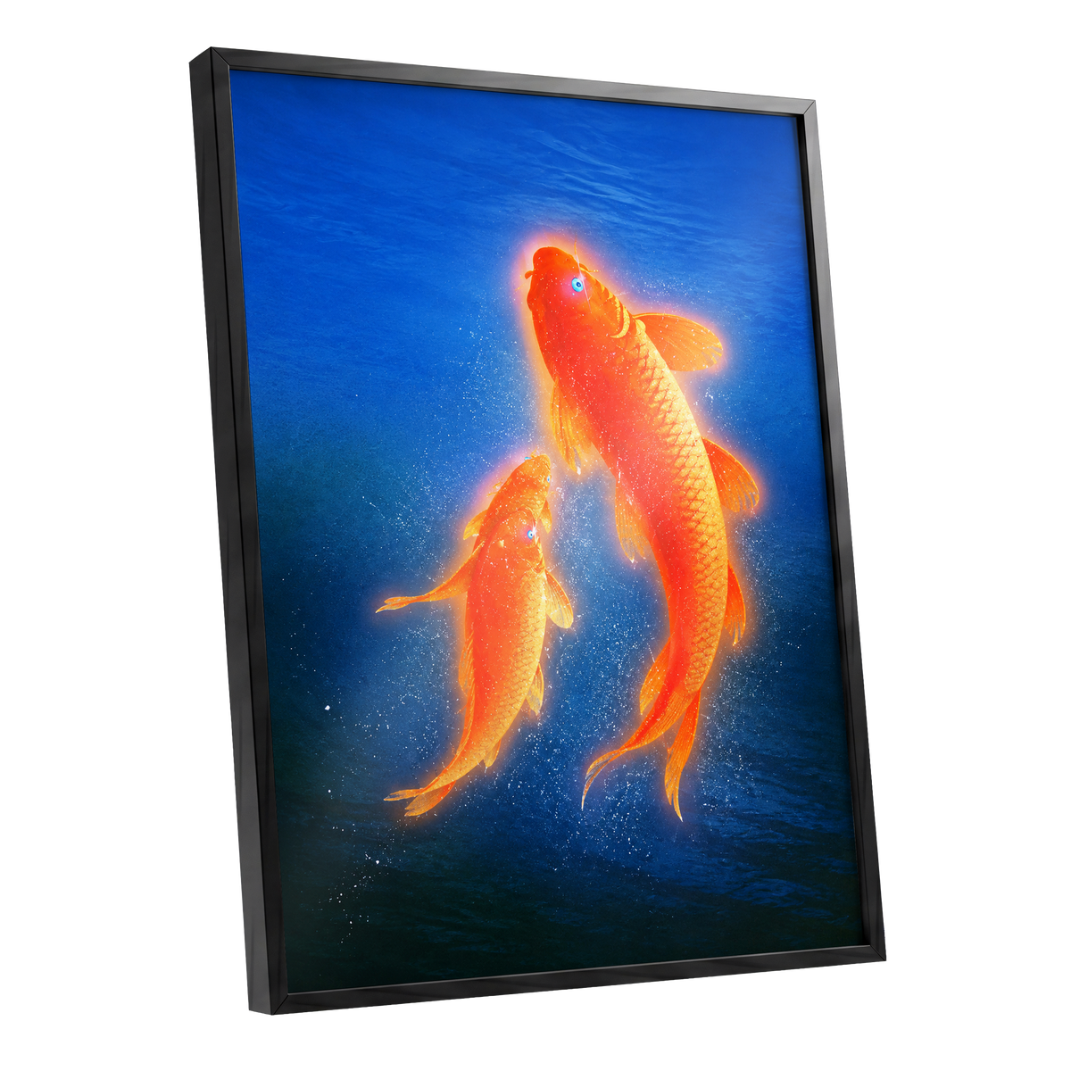 Ember Koi, blue, orange, gold nature wall art shown as a black framed poster wall art print