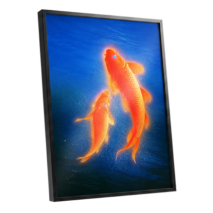 Ember Koi, blue, orange, gold nature wall art shown as a black framed poster wall art print