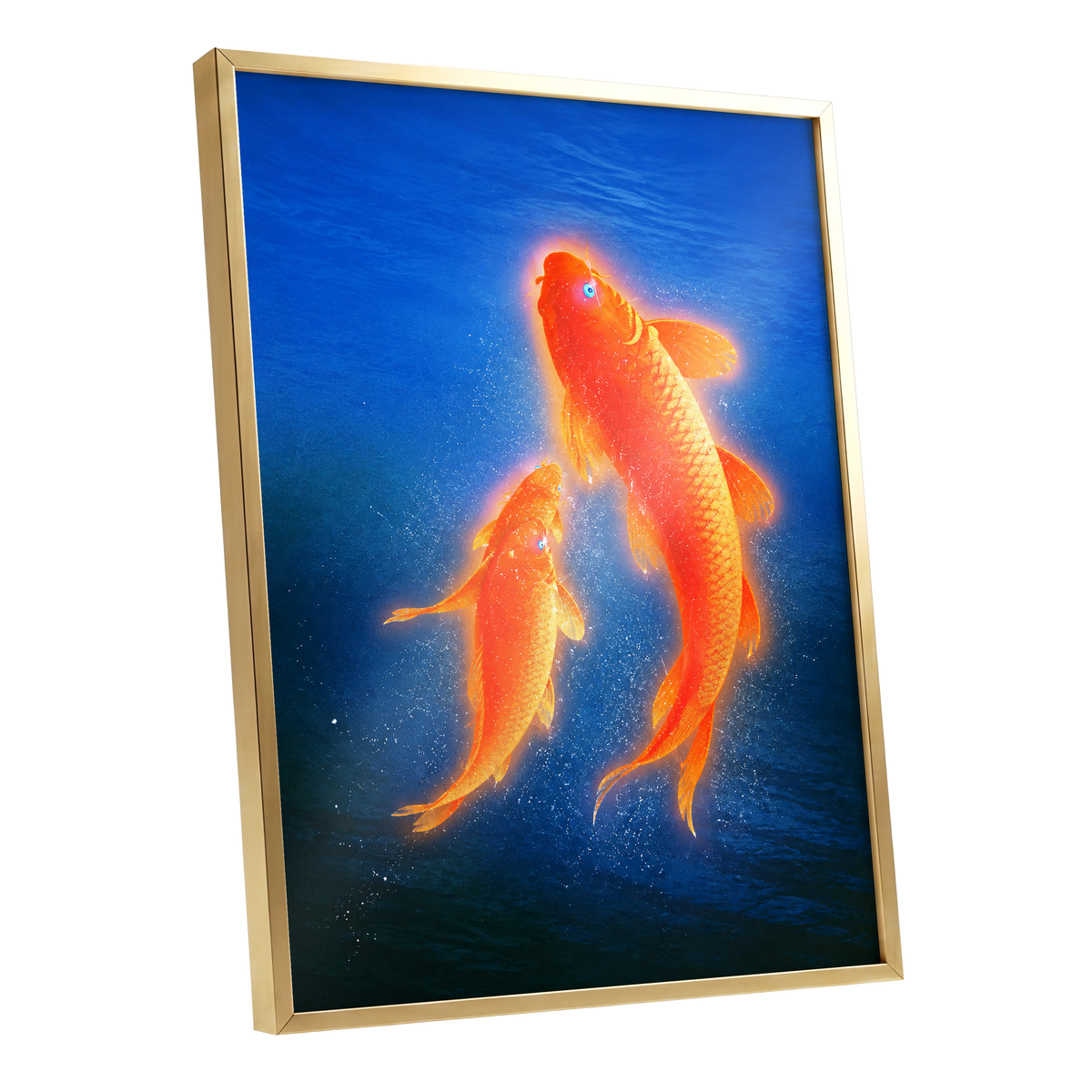 Ember Koi, blue, orange, gold nature wall art shown as a gold framed poster wall art print