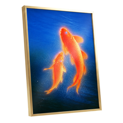 Ember Koi, blue, orange, gold nature wall art shown as a gold framed poster wall art print