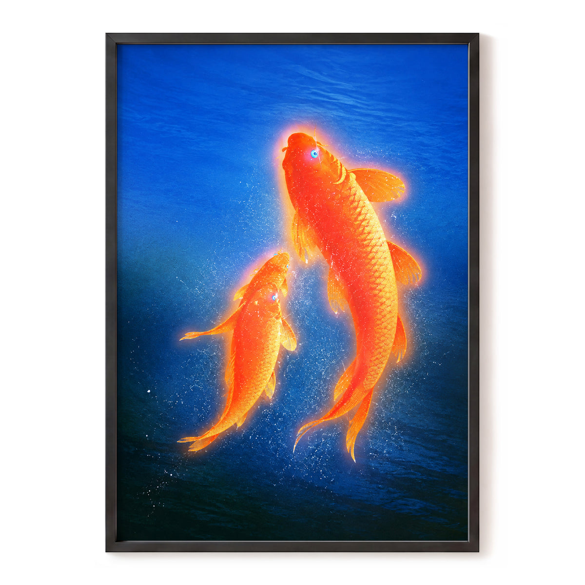 Ember Koi, blue, orange, gold nature wall art, front artwork view