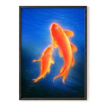 Ember Koi, blue, orange, gold nature wall art, front artwork view