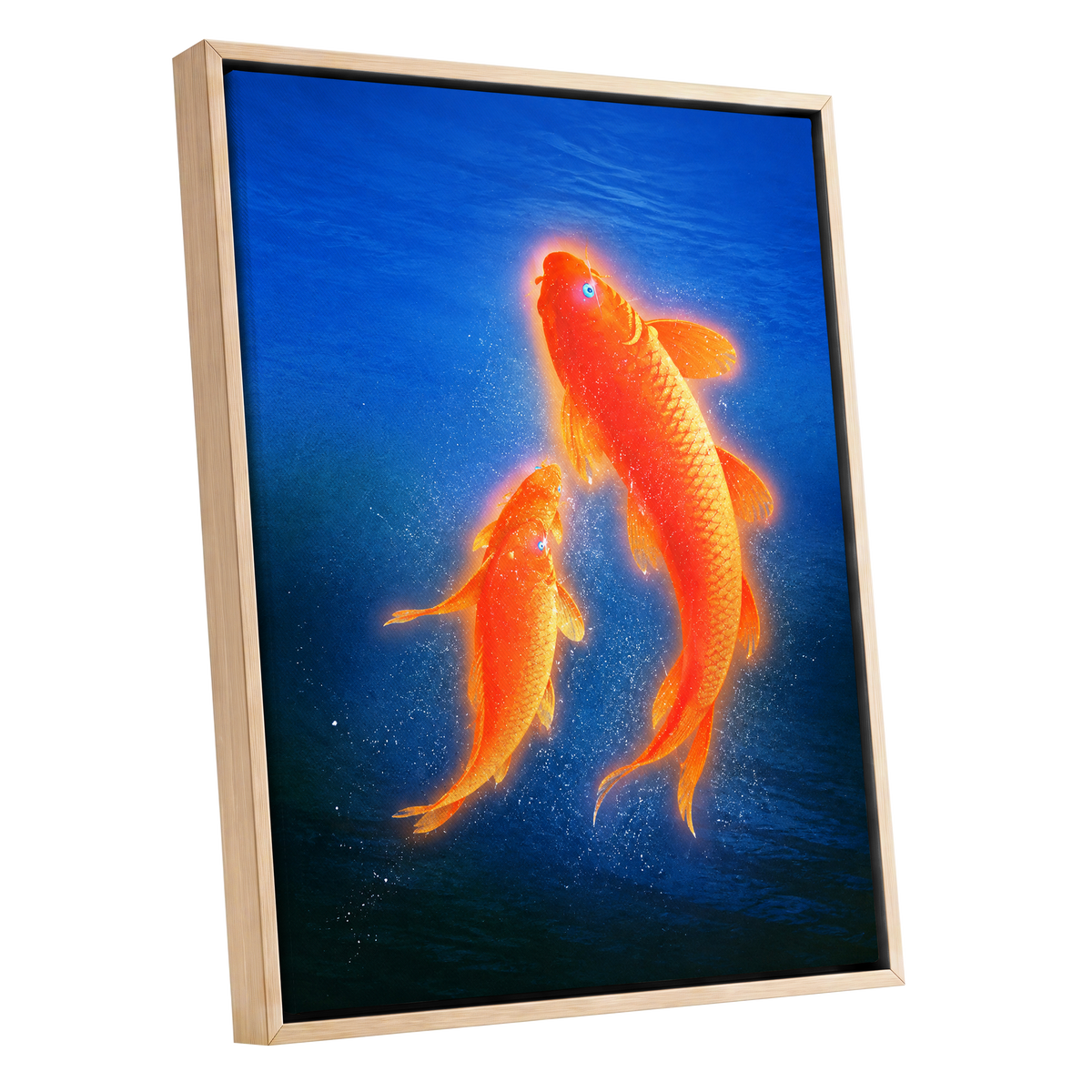Ember Koi, blue, orange, gold nature wall art shown as a oak framed canvas wall art