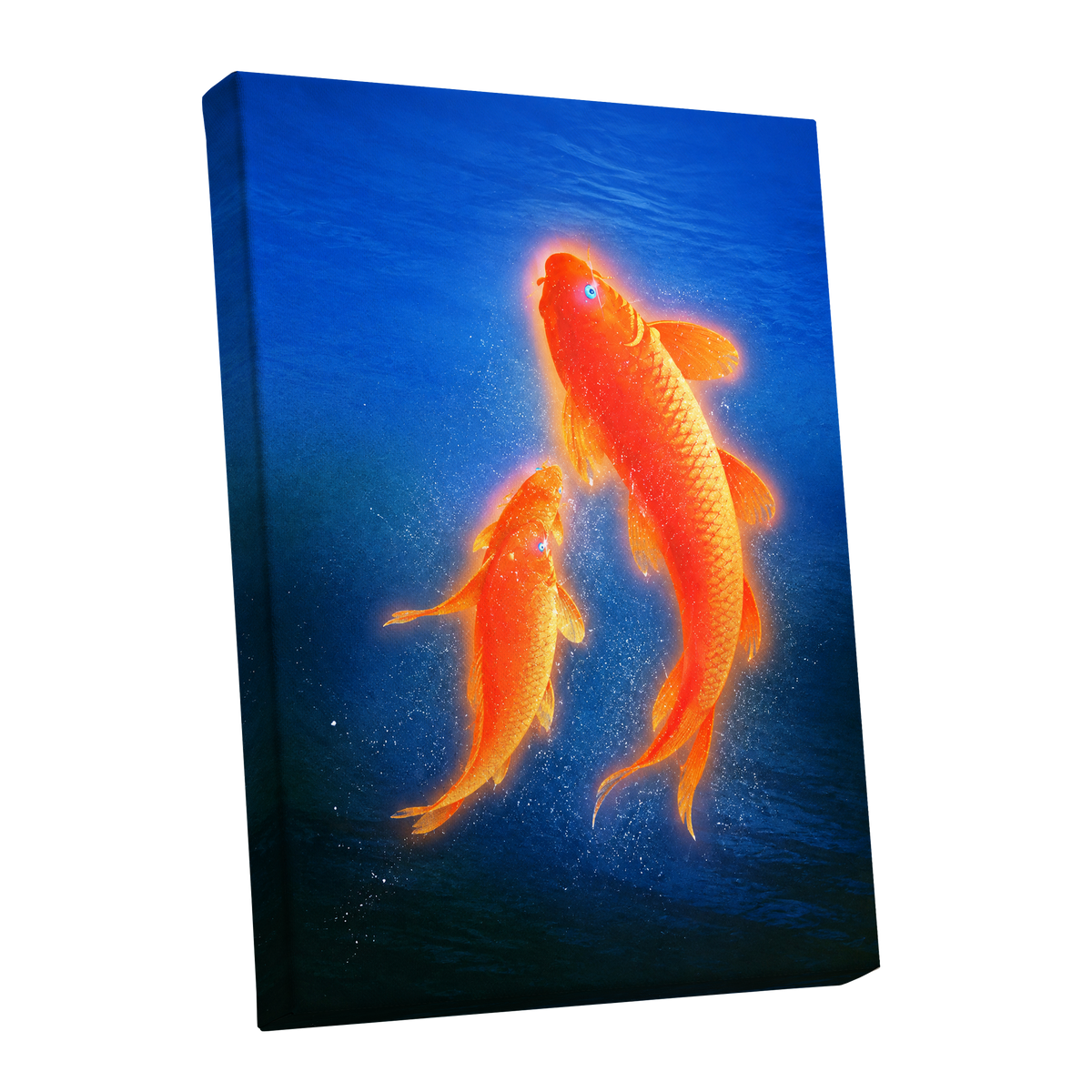Ember Koi, blue, orange, gold nature wall art shown as a stretched canvas wall art