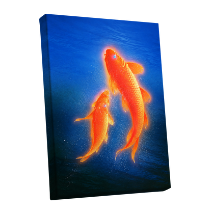 Ember Koi, blue, orange, gold nature wall art shown as a stretched canvas wall art
