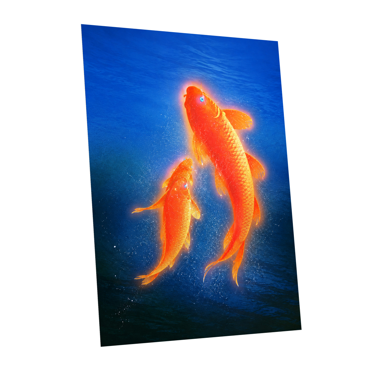 Ember Koi, blue, orange, gold nature wall art shown as a unframed poster wall art print