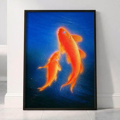 Ember Koi, blue, orange, gold nature wall art displayed in a styled interior, gallery view 2