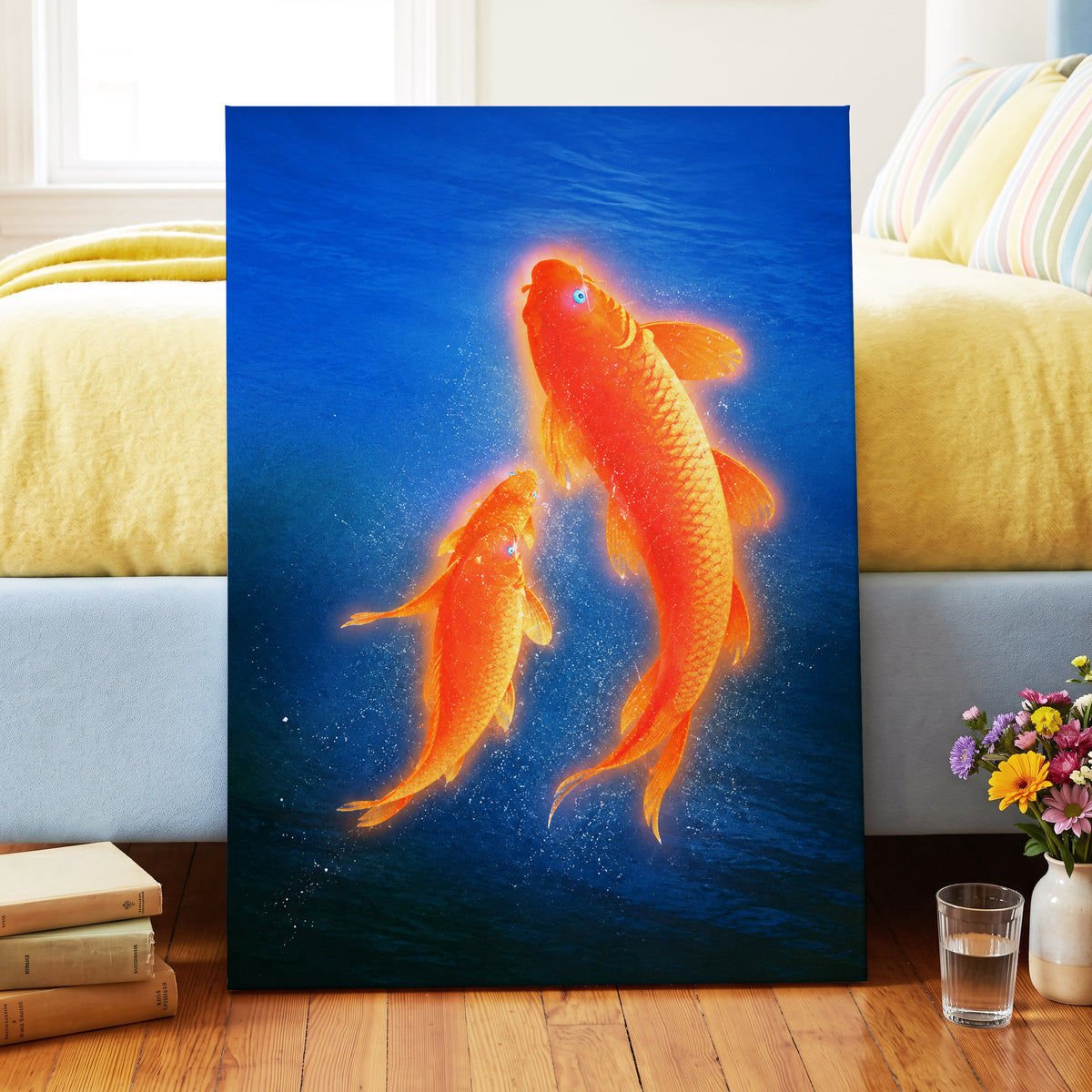 Ember Koi, blue, orange, gold nature wall art displayed in a styled interior, gallery view 3