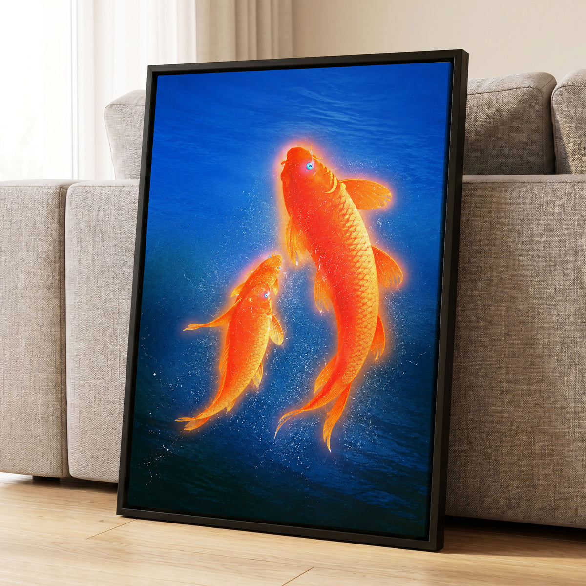 Ember Koi, blue, orange, gold nature wall art displayed in a styled interior, gallery view 4
