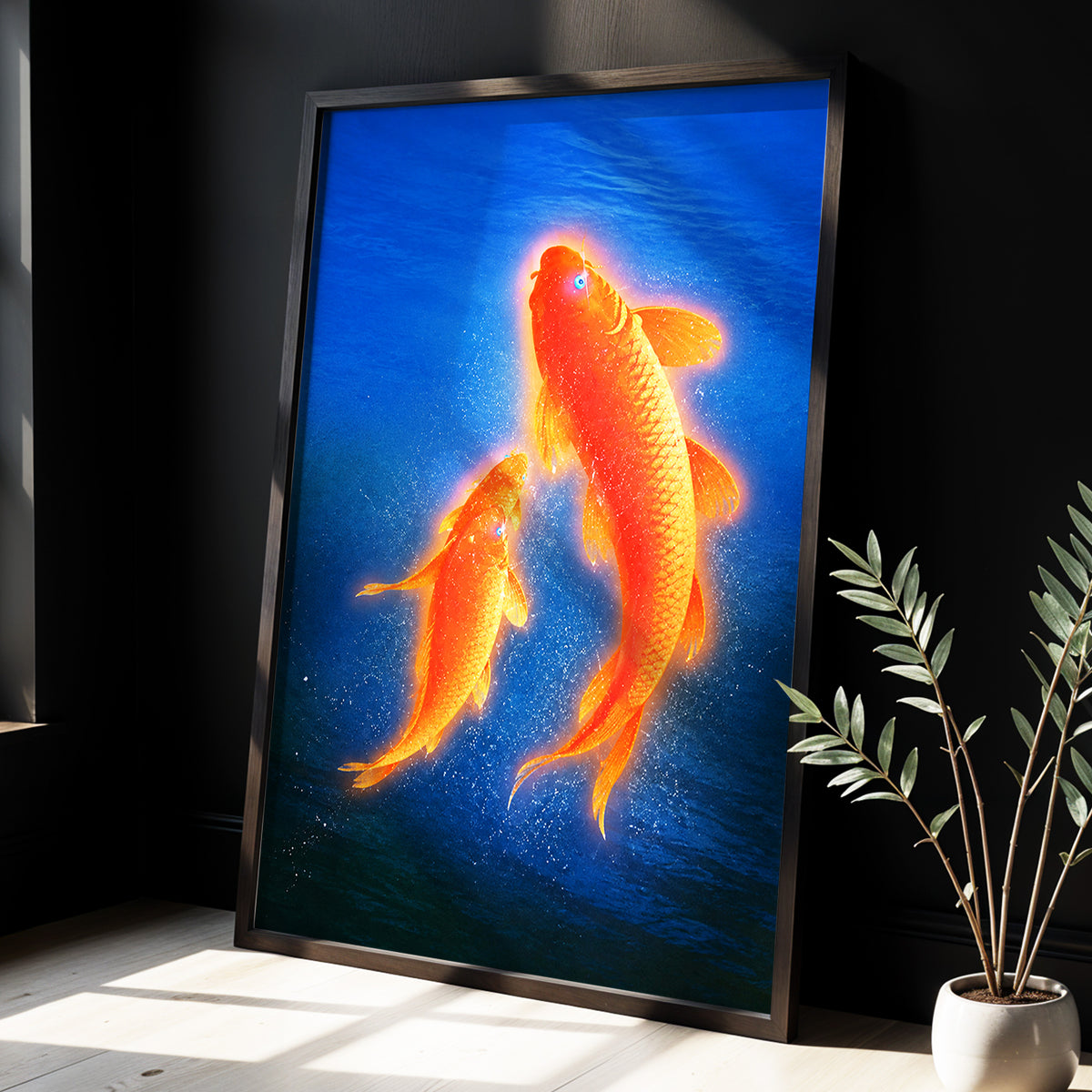 Ember Koi, blue, orange, gold nature wall art displayed in a styled interior, gallery view 6