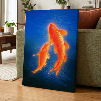 Ember Koi, blue, orange, gold nature wall art displayed in a styled interior, gallery view 7