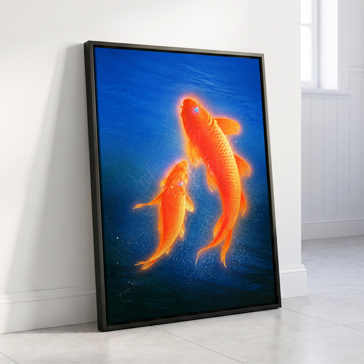 Ember Koi, blue, orange, gold nature wall art displayed in a styled interior, gallery view 8