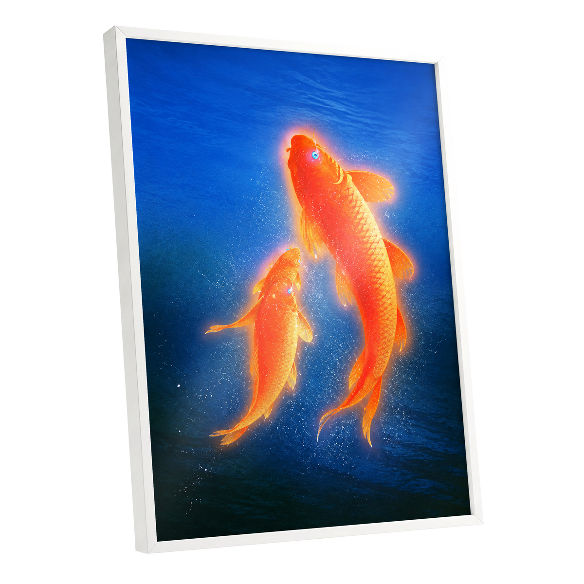 Ember Koi, blue, orange, gold nature wall art shown as a white framed poster wall art print