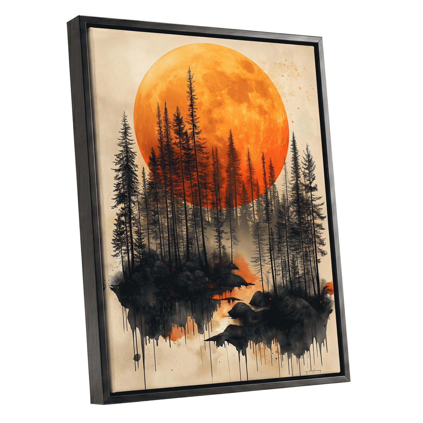 Ember Moon Forest, black, beige, orange nature wall art shown as a black framed canvas wall art