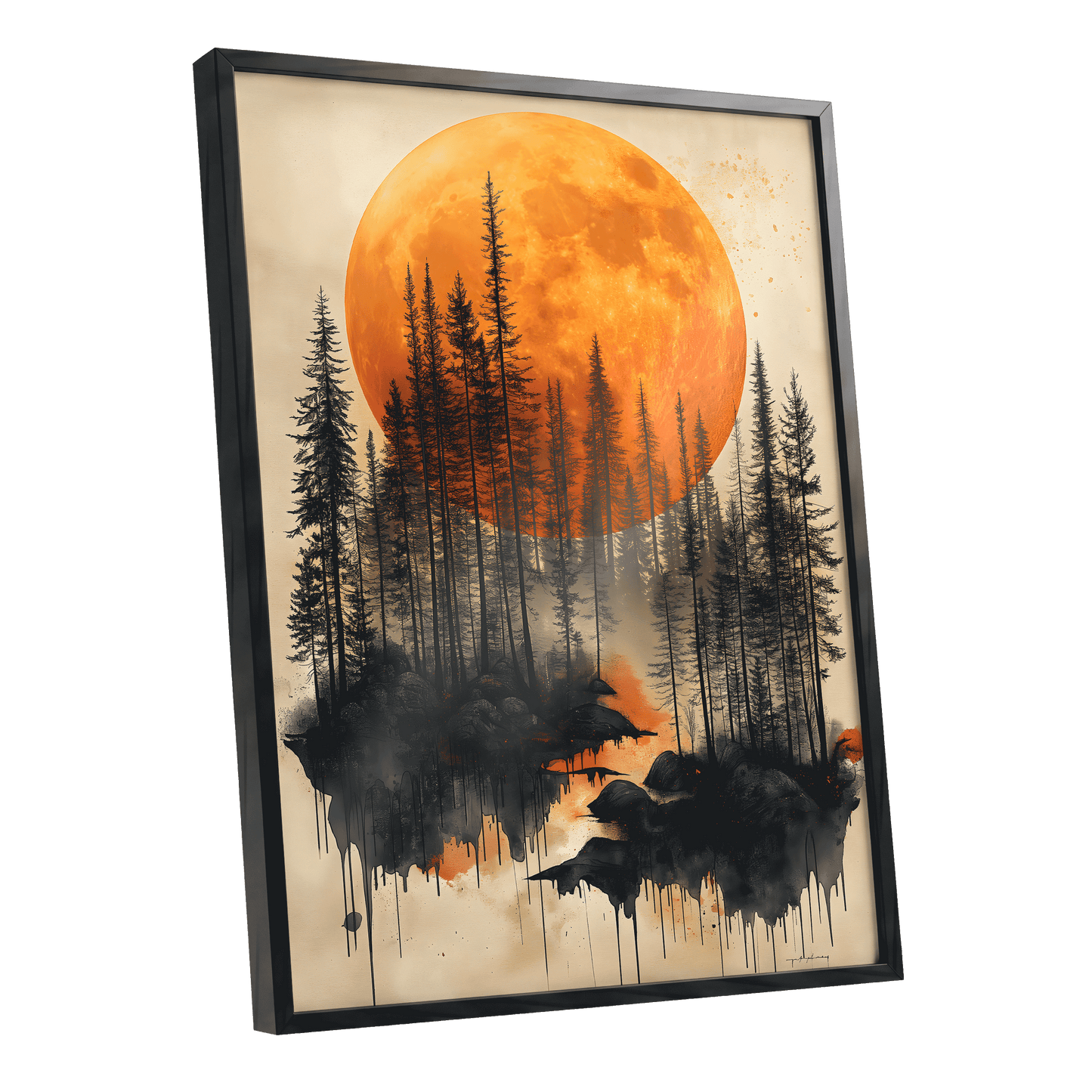 Ember Moon Forest, black, beige, orange nature wall art shown as a black framed poster wall art print