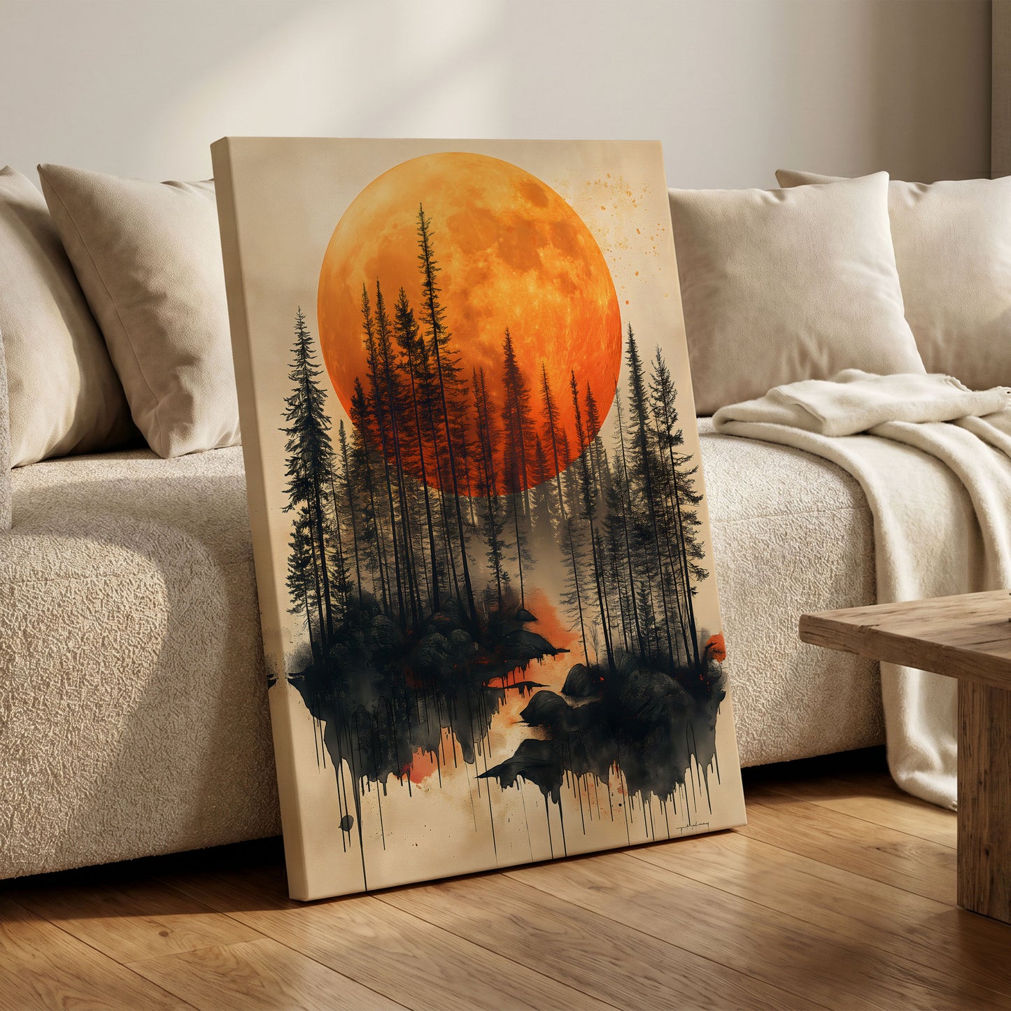 Ember Moon Forest, black, beige, orange nature wall art on canvas displayed in a styled interior, gallery view 1
