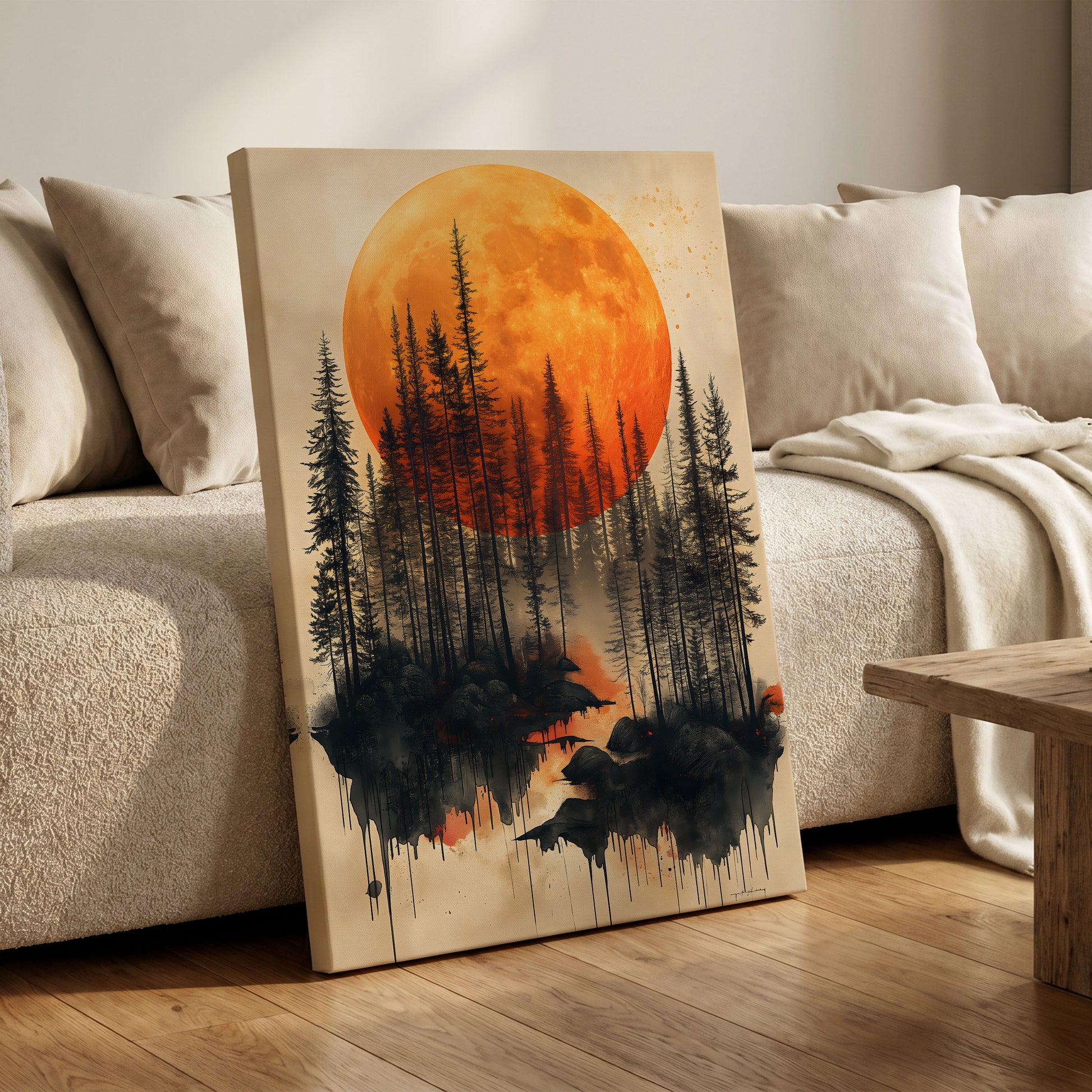 Ember Moon Forest, black, beige, orange nature wall art on canvas displayed in a styled interior, gallery view 1