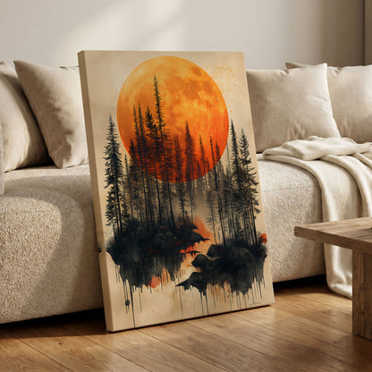 Ember Moon Forest, black, beige, orange nature wall art on canvas displayed in a styled interior, gallery view 1