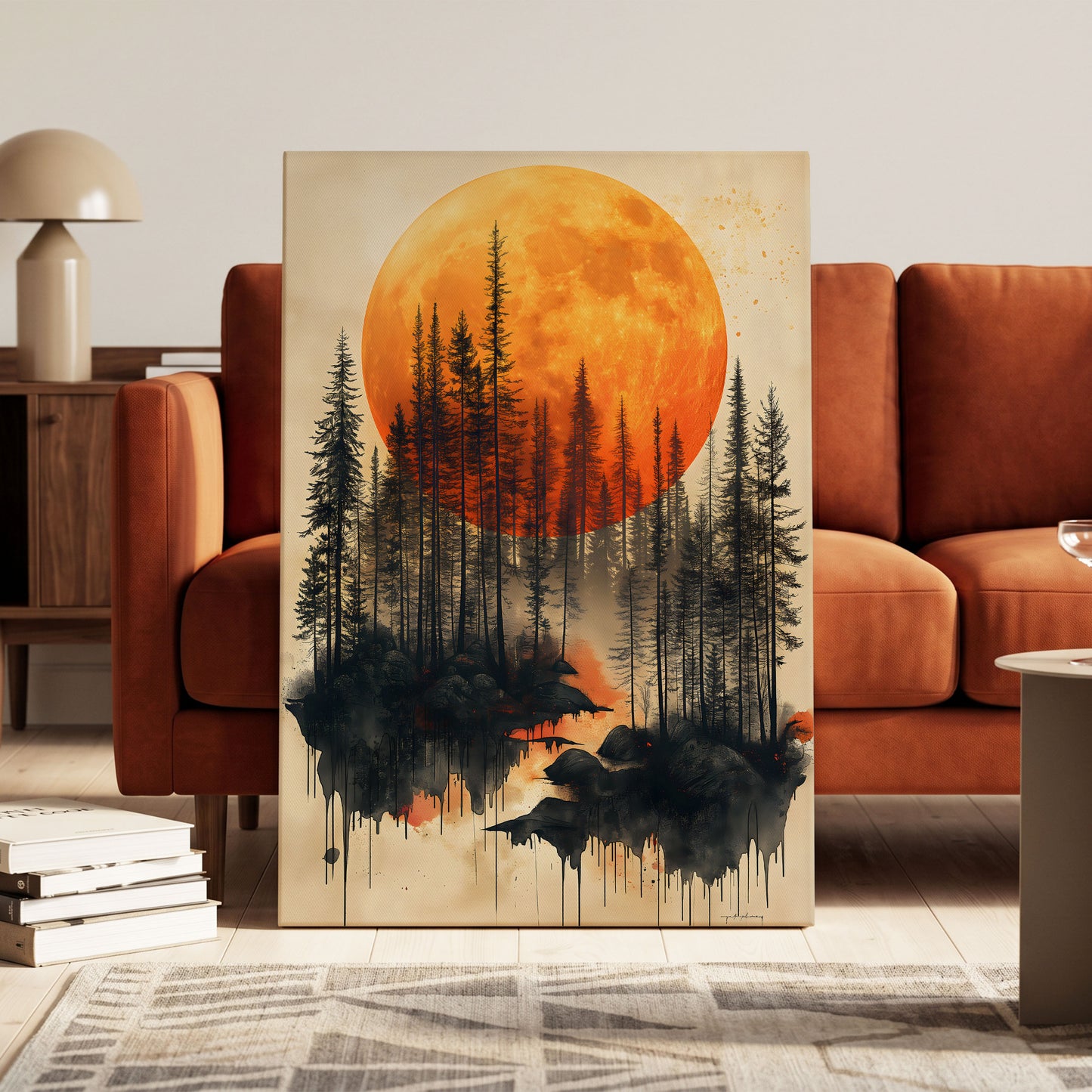 Ember Moon Forest, black, beige, orange nature wall art on canvas displayed in a styled interior, gallery view 2