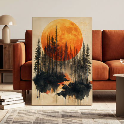 Ember Moon Forest, black, beige, orange nature wall art on canvas displayed in a styled interior, gallery view 2