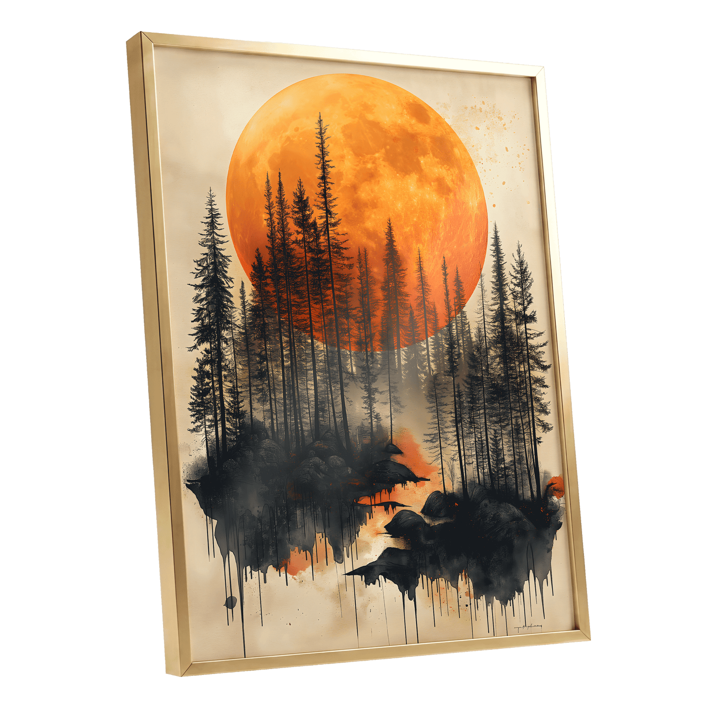 Ember Moon Forest, black, beige, orange nature wall art shown as a gold framed poster wall art print