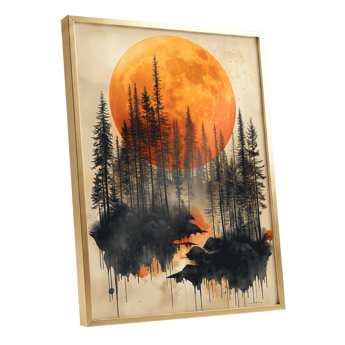 Ember Moon Forest, black, beige, orange nature wall art shown as a gold framed poster wall art print