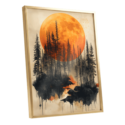 Ember Moon Forest, black, beige, orange nature wall art shown as a gold framed poster wall art print