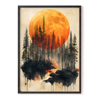 Ember Moon Forest, black, beige, orange nature wall art, front artwork view