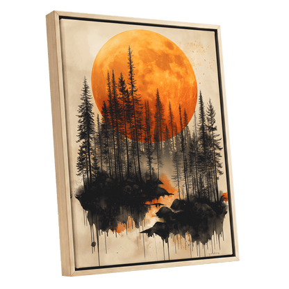 Ember Moon Forest, black, beige, orange nature wall art shown as a oak framed canvas wall art