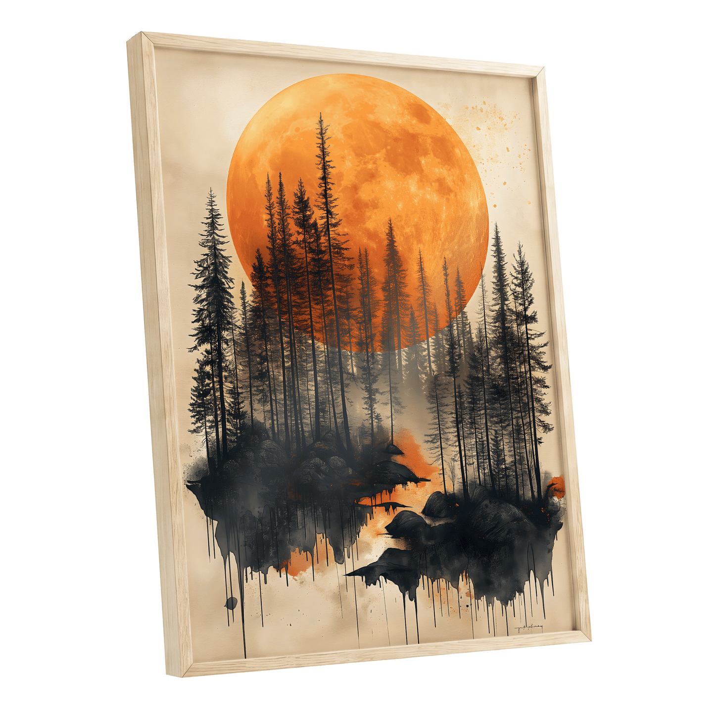 Ember Moon Forest, black, beige, orange nature wall art shown as a oak framed poster wall art print