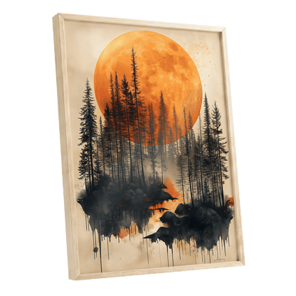 Ember Moon Forest, black, beige, orange nature wall art shown as a oak framed poster wall art print