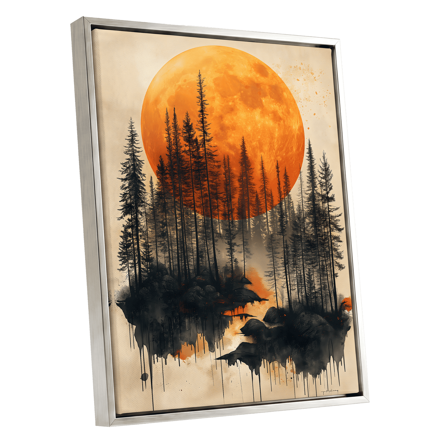 Ember Moon Forest, black, beige, orange nature wall art shown as a silver framed canvas wall art