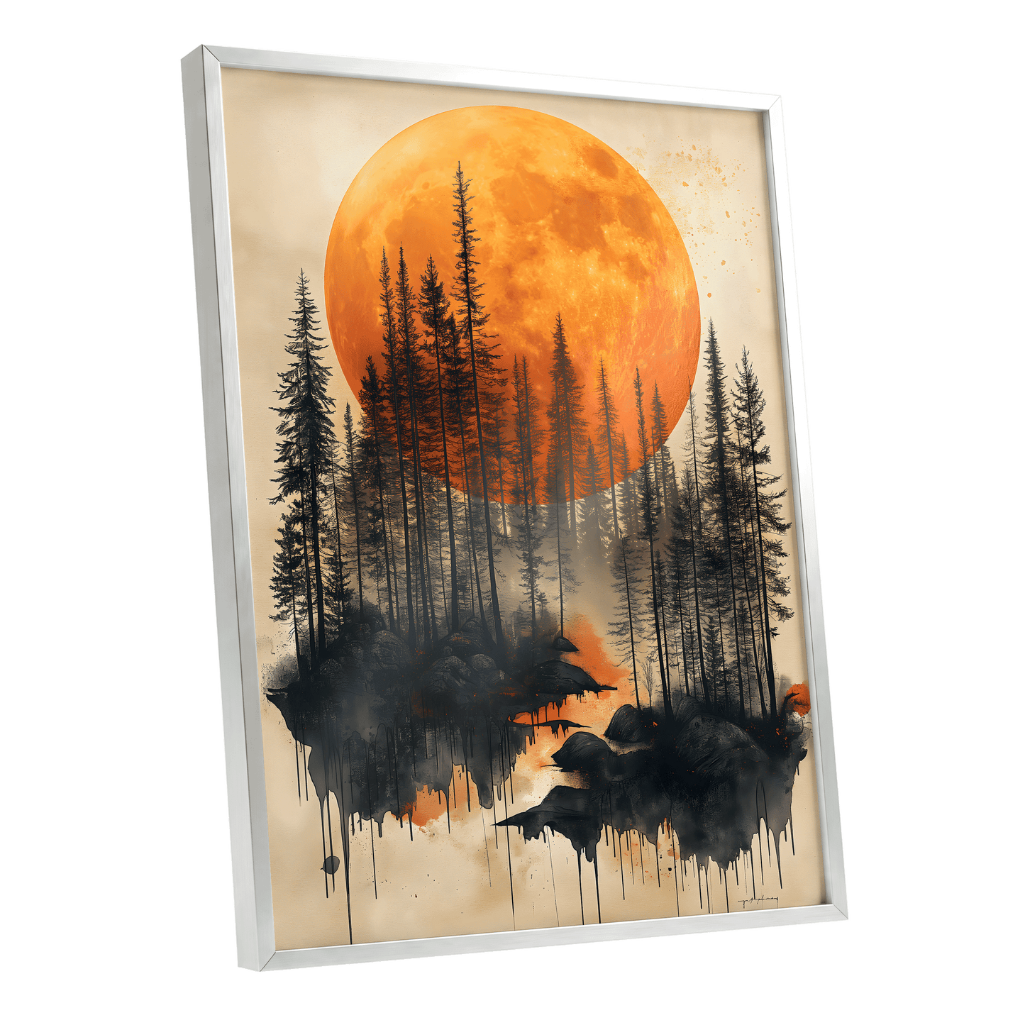 Ember Moon Forest, black, beige, orange nature wall art shown as a silver framed poster wall art print