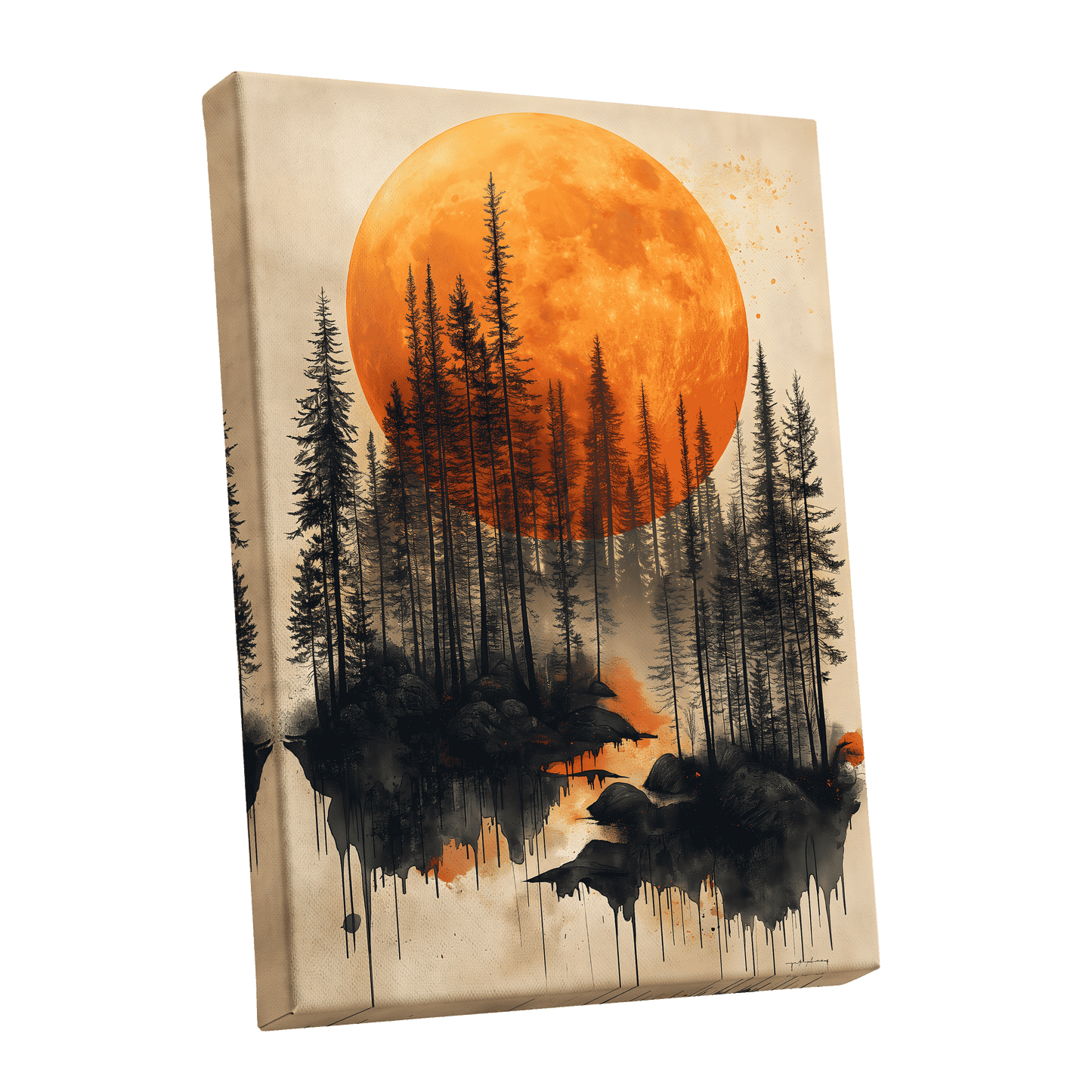 Ember Moon Forest, black, beige, orange nature wall art shown as a stretched canvas wall art