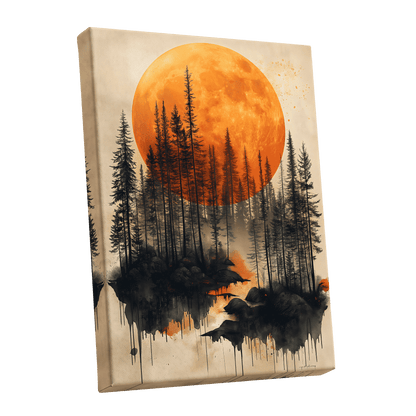 Ember Moon Forest, black, beige, orange nature wall art shown as a stretched canvas wall art